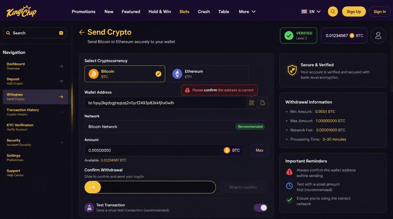 A crypto wallet sending coins with verification steps emphasised and a confirmation requirement tooltip