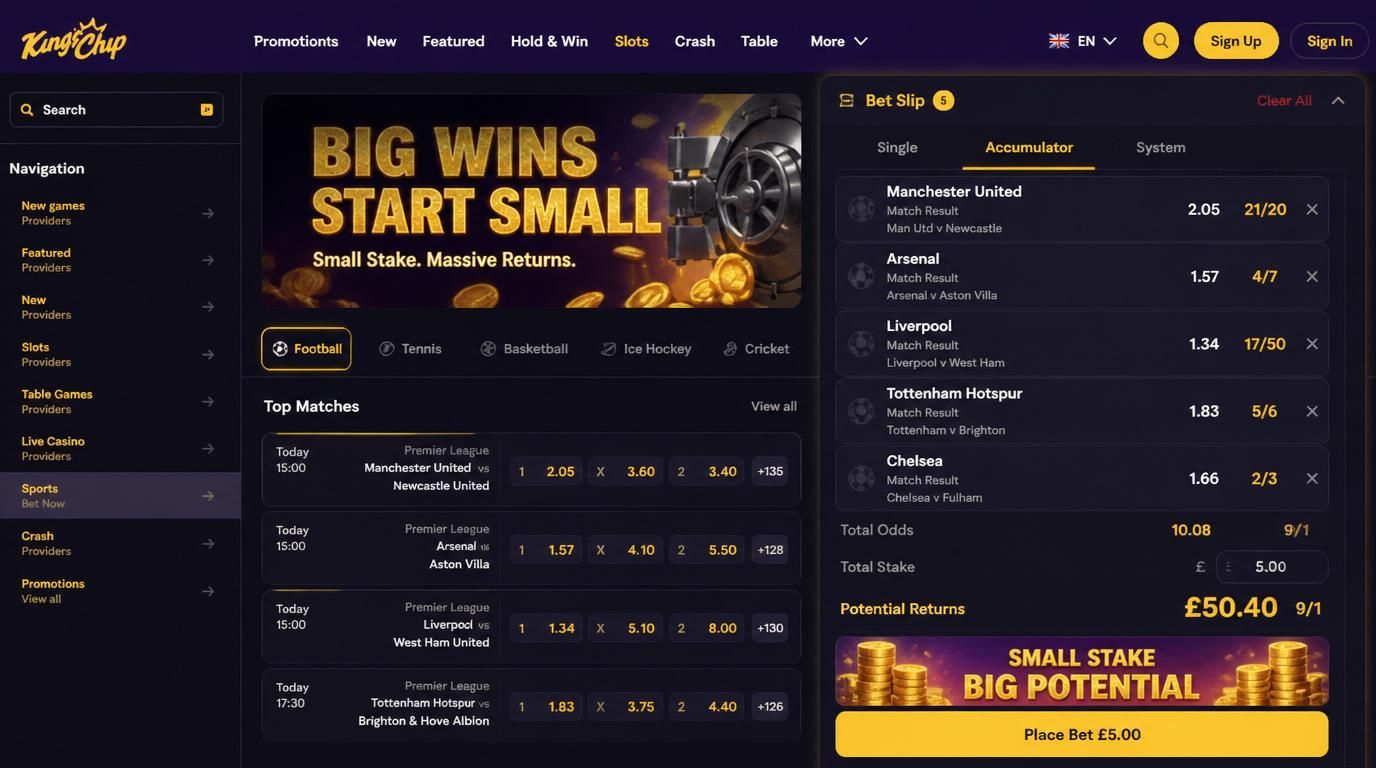 An accumulator bet slip illustrating small stakes leading to large bonus payouts