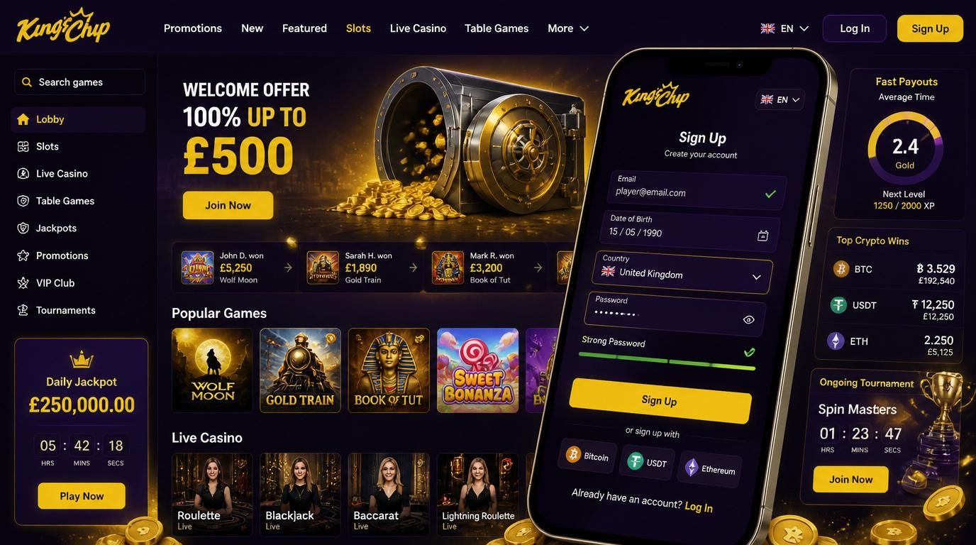 User registering quickly on Kings Chip Casino with UK flair, email and crypto ready