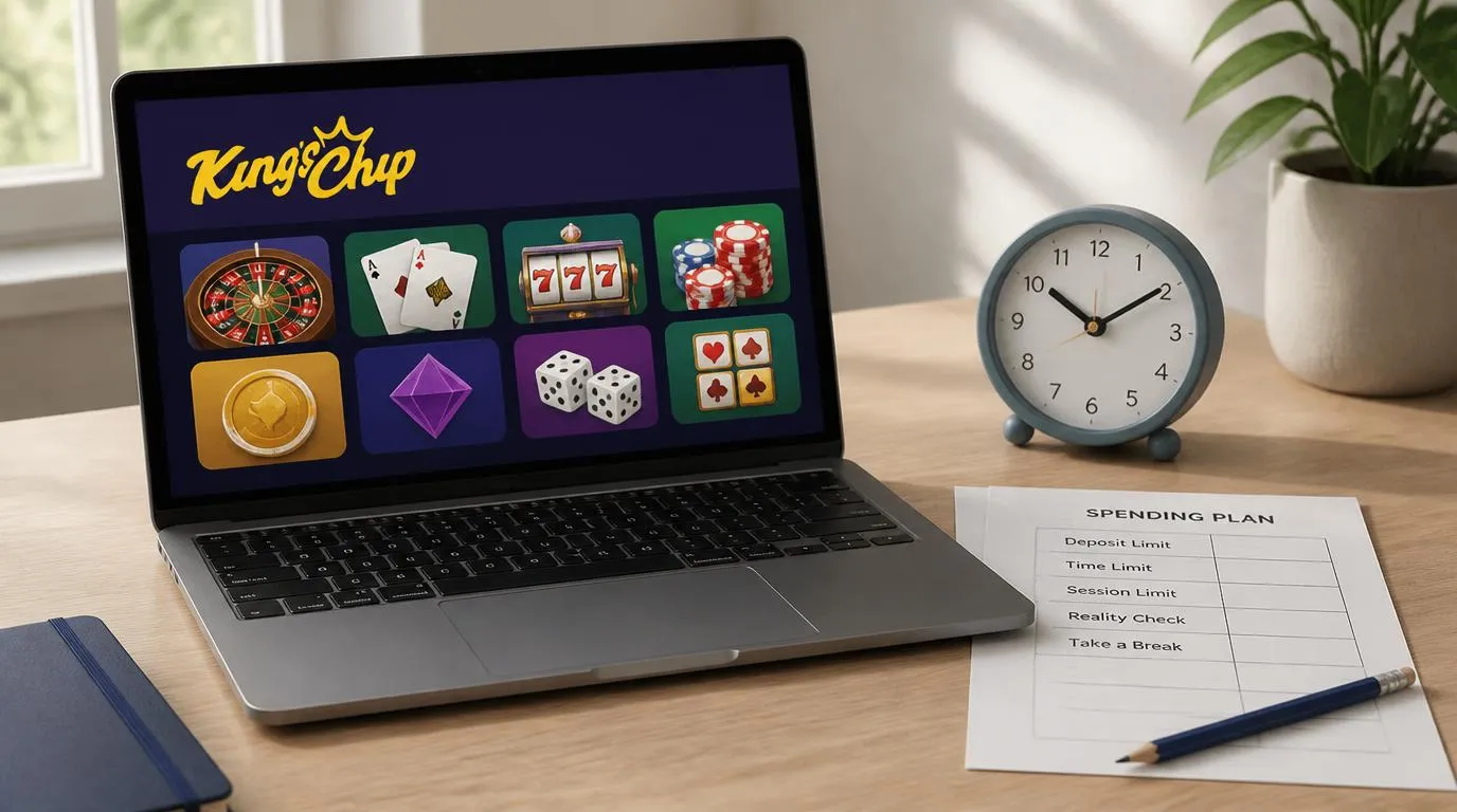 Illustrated casino game library beside a personal spending plan and clock