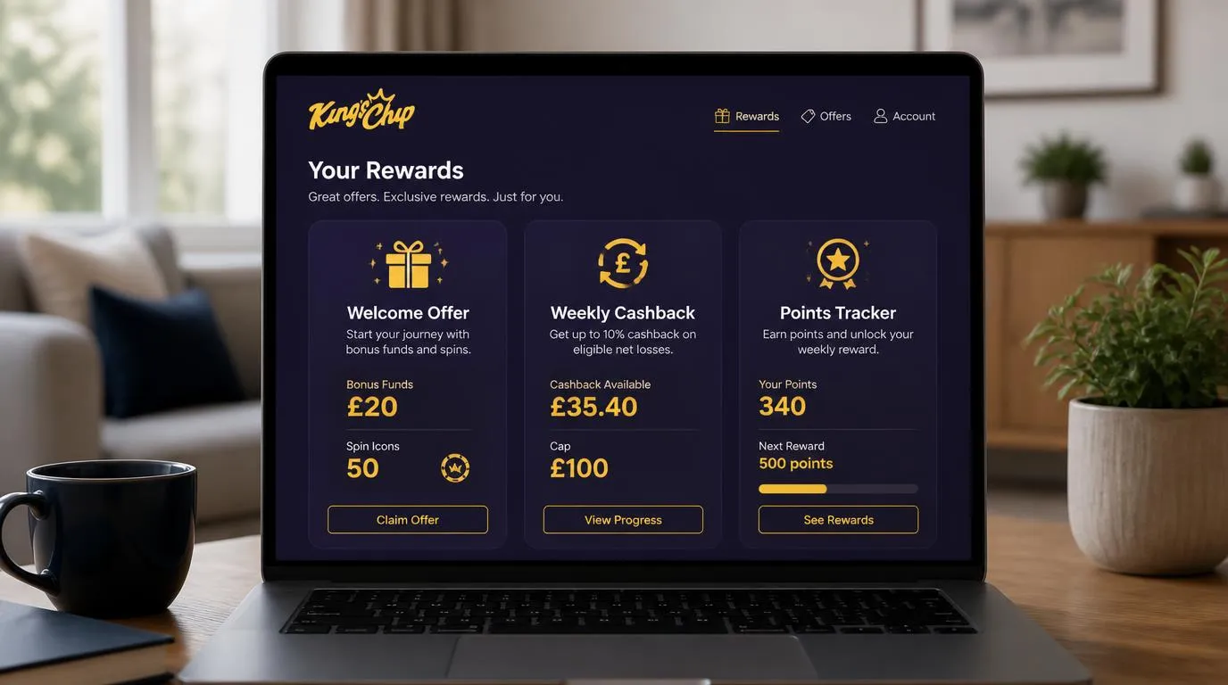 Casino rewards screen showing a welcome offer, weekly cashback and points progress