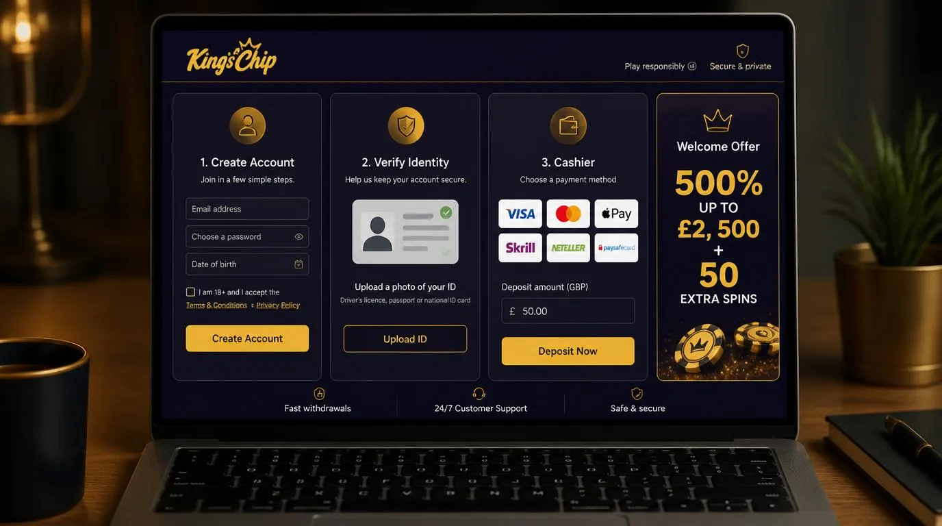 Casino account registration and cashier screens showing identity verification and deposit options