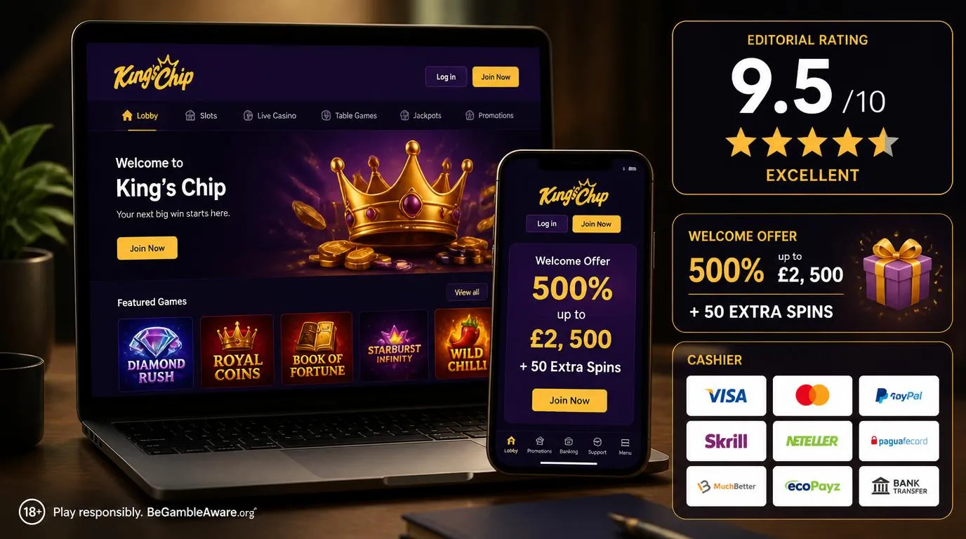 Casino review screen showing a welcome offer, payment choices and an overall rating