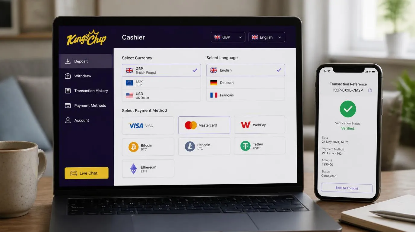 Casino cashier mockup showing GBP selection, card and digital-asset payment options, and a Live Chat button