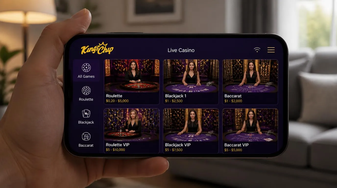 Mobile live casino lobby showing dealer video previews and betting limits beside available tables
